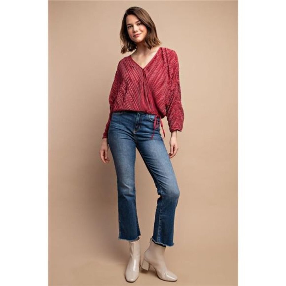 Gorgeous Burgundy Satin Pleated Drawstring Top With Snap Button Blouse For Women